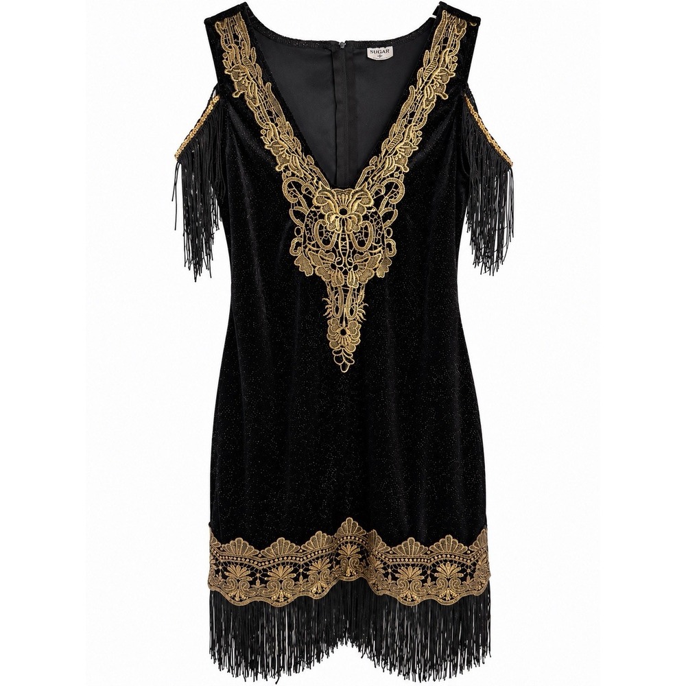 Spirit Halloween Flapper Dress Adult Black Velvet Gold Sequin Medium Fringe 20's